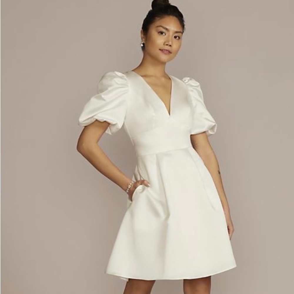 Short Satin Puff Sleeve Dress with Empire Waist New